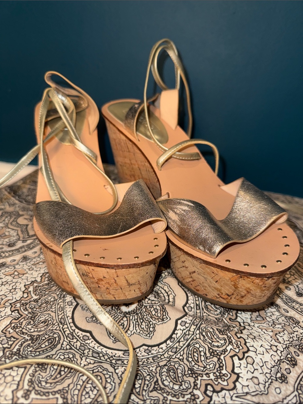 Topshop- Metallic Gold Cork Wedge Sandals with Ankle Tie